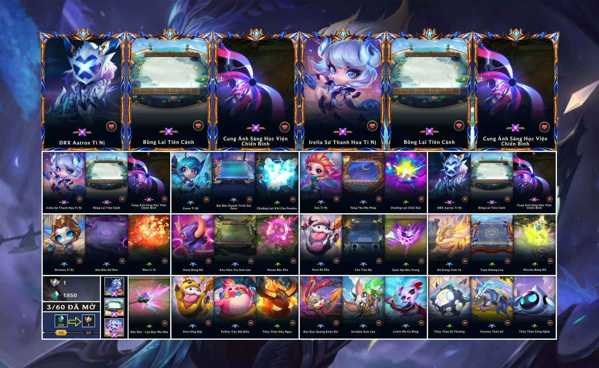 📮 TFT - VIP Ngon ▶ DRX Aatrox Tí Nị ▶ Irelia Sứ Thanh Hoa Tí Nị ▶ Gwen Tí Nị - Zoe Tí Nị - Oriana Tí Nị 🧧 Sàn Đấu - Bồng Lai Tiên Cảnh 🌠 Cung Ánh Sáng Học Viện Chiến Binh ➡️ Dư 1 Huy Chương ➡️ Dư 1.850 Pha Lê 🍁 Có Thẻ Đổi Tên Ingame